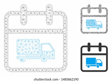 Mesh shipping day model with triangle mosaic icon. Wire carcass triangular mesh of shipping day. Vector mosaic of triangle elements in variable sizes, and color shades. Abstract 2d mesh shipping day,