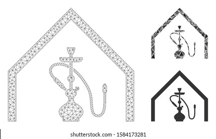 Mesh shisha bar model with triangle mosaic icon. Wire carcass triangular mesh of shisha bar. Vector mosaic of triangle parts in various sizes, and color shades. Abstract 2d mesh shisha bar,