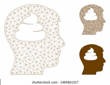 Mesh shit brains head model with triangle mosaic icon. Wire frame polygonal mesh of shit brains head. Vector collage of triangle parts in various sizes, and color hues.