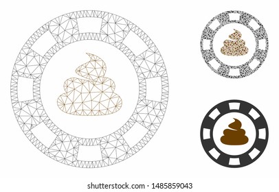 Mesh shit casino chip model with triangle mosaic icon. Wire frame triangular mesh of shit casino chip. Vector mosaic of triangles in different sizes, and color tints.