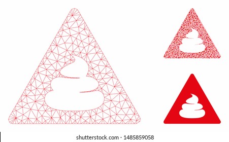 Mesh shit danger model with triangle mosaic icon. Wire carcass polygonal network of shit danger. Vector collage of triangle elements in variable sizes, and color hues. Abstract 2d mesh shit danger,
