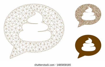 Mesh shit idea balloon model with triangle mosaic icon. Wire frame triangular mesh of shit idea balloon. Vector mosaic of triangle parts in various sizes, and color tones.