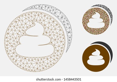 Mesh shitcoins model with triangle mosaic icon. Wire carcass triangular mesh of shitcoins. Vector mosaic of triangle parts in various sizes, and color shades. Abstract 2d mesh shitcoins,