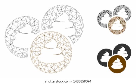 Mesh shitcoins model with triangle mosaic icon. Wire frame polygonal network of shitcoins. Vector mosaic of triangle parts in various sizes, and color tinges. Abstract 2d mesh shitcoins,