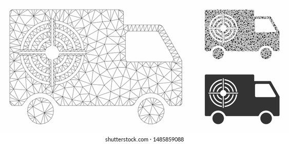 Mesh shooting gallery truck model with triangle mosaic icon. Wire frame triangular mesh of shooting gallery truck. Vector composition of triangle parts in various sizes, and color hues.