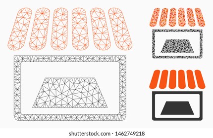 Mesh shop model with triangle mosaic icon. Wire frame triangular mesh of shop. Vector mosaic of triangle parts in variable sizes, and color tints. Abstract 2d mesh shop, created from polygonal grid.
