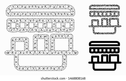 Mesh shop model with triangle mosaic icon. Wire carcass polygonal mesh of shop. Vector mosaic of triangle elements in different sizes, and color tints. Abstract 2d mesh shop,