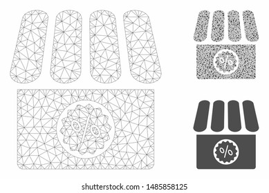 Mesh shop sale model with triangle mosaic icon. Wire carcass polygonal mesh of shop sale. Vector collage of triangle elements in variable sizes, and color tones. Abstract flat mesh shop sale,