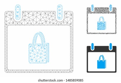 Mesh shopping bag calendar day model with triangle mosaic icon. Wire frame triangular mesh of shopping bag calendar day. Vector collage of triangle elements in different sizes, and color shades.
