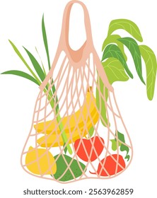 Mesh shopping bag full of banana, lemon, avocado, radish, green onions and lettuce promoting reusable sustainable grocery shopping and eco conscious lifestyle