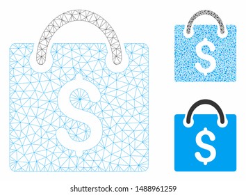 Mesh shopping bag model with triangle mosaic icon. Wire carcass polygonal mesh of shopping bag. Vector mosaic of triangle parts in various sizes, and color hues. Abstract flat mesh shopping bag,