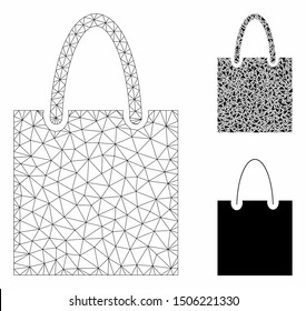 Mesh shopping bag model with triangle mosaic icon. Wire frame triangular mesh of shopping bag. Vector mosaic of triangle elements in variable sizes, and color tints. Abstract 2d mesh shopping bag,