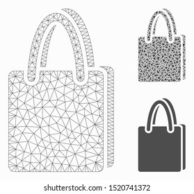 Mesh shopping bag model with triangle mosaic icon. Wire carcass polygonal mesh of shopping bag. Vector mosaic of triangle parts in various sizes, and color hues. Abstract flat mesh shopping bag,