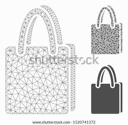 Mesh shopping bag model with triangle mosaic icon. Wire carcass polygonal mesh of shopping bag. Vector mosaic of triangle parts in various sizes, and color hues. Abstract flat mesh shopping bag,