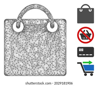 Mesh shopping bag web icon vector illustration. Model is created from shopping bag flat icon. Net forms abstract shopping bag flat model. wireframe flat web network isolated on a white background.