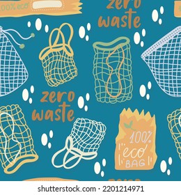 Mesh or mesh shopping bags for eco friendly living vector seamless pattern. Fashion buyer of the Vegan Zero Waste concept. Colorful hand drawn vector illustration for banner, postcard, poster. 