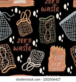 Mesh or mesh shopping bags for eco friendly living vector seamless pattern. Fashion buyer of the Vegan Zero Waste concept. Colorful hand drawn vector illustration for banner, postcard, poster. 