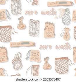 Mesh or mesh shopping bags for eco friendly living vector seamless pattern. Fashion buyer of the Vegan Zero Waste concept. Colorful hand drawn vector illustration for banner, postcard, poster. Say NO 