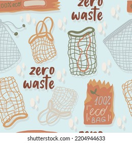 Mesh or mesh shopping bags for eco friendly living vector seamless pattern. Fashion buyer of the Vegan Zero Waste concept. Colorful hand drawn vector illustration for banner, postcard, poster. 