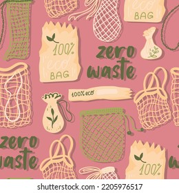 Mesh or mesh shopping bags for eco friendly living vector seamless pattern. Fashion buyer of the Vegan Zero Waste concept. Colorful hand drawn vector illustration for banner, postcard, poster. 