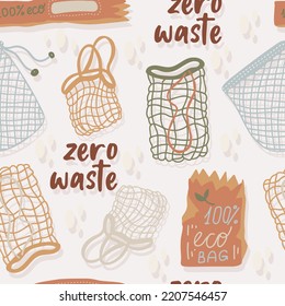 Mesh or mesh shopping bags for eco friendly living vector seamless pattern. Fashion buyer of the Vegan Zero Waste concept. Colorful hand drawn vector illustration for banner, postcard, poster. 