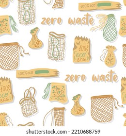 Mesh or mesh shopping bags for eco friendly living vector seamless pattern. Fashion buyer of the Vegan Zero Waste concept. Colorful hand drawn vector illustration for banner, postcard, poster. 