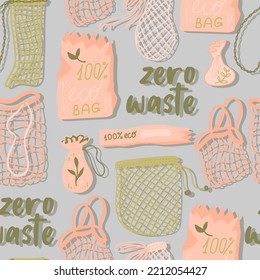 Mesh Or Mesh Shopping Bags For Eco Friendly Living Vector Seamless Pattern. Fashion Buyer Of The Vegan Zero Waste Concept. Colorful Hand Drawn Vector Illustration For Banner, Postcard, Poster. 