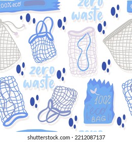 Mesh Or Mesh Shopping Bags For Eco Friendly Living Vector Seamless Pattern. Fashion Buyer Of The Vegan Zero Waste Concept. Colorful Hand Drawn Vector Illustration For Banner, Postcard, Poster. 