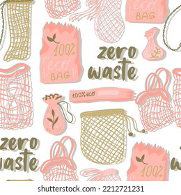 Mesh Or Mesh Shopping Bags For Eco Friendly Living Vector Seamless Pattern. Fashion Buyer Of The Vegan Zero Waste Concept. Colorful Hand Drawn Vector Illustration For Banner, Postcard, Poster. 