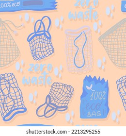 Mesh or mesh shopping bags for eco friendly living vector seamless pattern. Fashion buyer of the Vegan Zero Waste concept. Colorful hand drawn vector illustration for banner, postcard, poster. 