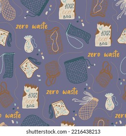 Mesh or mesh shopping bags for eco friendly living vector seamless pattern. Fashion buyer of the Vegan Zero Waste concept. Colorful hand drawn vector illustration for banner, postcard, poster. 