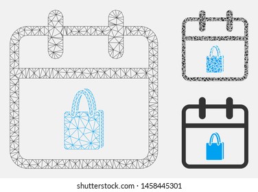 Mesh shopping day model with triangle mosaic icon. Wire carcass polygonal mesh of shopping day. Vector mosaic of triangles in different sizes, and color tones. Abstract flat mesh shopping day,