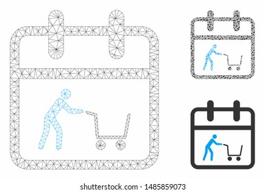 Mesh shopping day model with triangle mosaic icon. Wire carcass triangular network of shopping day. Vector mosaic of triangle parts in various sizes, and color shades. Abstract 2d mesh shopping day,
