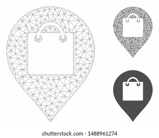 Mesh shopping map marker model with triangle mosaic icon. Wire carcass triangular mesh of shopping map marker. Vector mosaic of triangle elements in different sizes, and color shades.