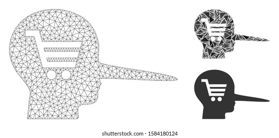Mesh shopping scammer model with triangle mosaic icon. Wire carcass triangular mesh of shopping scammer. Vector mosaic of triangles in different sizes, and color hues.