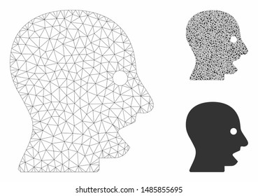 Mesh shouting head model with triangle mosaic icon. Wire carcass triangular mesh of shouting head. Vector mosaic of triangle parts in various sizes, and color tinges. Abstract flat mesh shouting head,