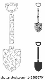 Mesh shovel model with triangle mosaic icon. Wire carcass polygonal mesh of shovel. Vector mosaic of triangles in various sizes, and color tinges. Abstract flat mesh shovel, created from triangles.
