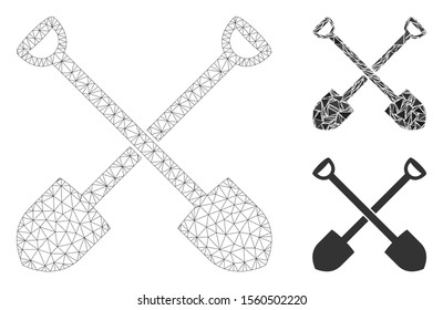 Mesh shovels model with triangle mosaic icon. Wire frame polygonal mesh of shovels. Vector mosaic of triangle parts in different sizes, and color tints. Abstract flat mesh shovels,