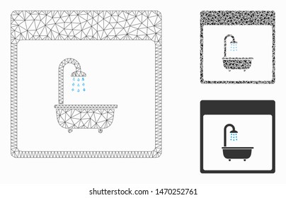 Mesh shower bath calendar page model with triangle mosaic icon. Wire frame polygonal network of shower bath calendar page. Vector mosaic of triangle parts in various sizes, and color tones.