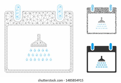Mesh shower calendar day model with triangle mosaic icon. Wire carcass polygonal network of shower calendar day. Vector mosaic of triangle elements in various sizes, and color tones.