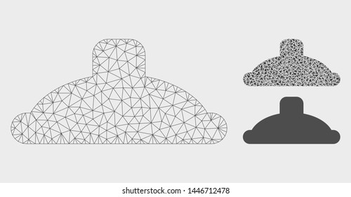Mesh shower head model with triangle mosaic icon. Wire frame triangular mesh of shower head. Vector composition of triangle elements in variable sizes, and color tinges.