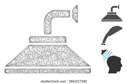 Mesh shower head polygonal web icon vector illustration. Carcass model is based on shower head flat icon. Triangular mesh forms abstract shower head flat carcass.