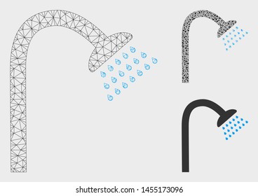 Mesh shower model with triangle mosaic icon. Wire frame triangular mesh of shower. Vector mosaic of triangle parts in different sizes, and color shades. Abstract 2d mesh shower,