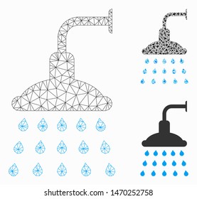 Mesh shower model with triangle mosaic icon. Wire carcass polygonal mesh of shower. Vector collage of triangle elements in variable sizes, and color tints. Abstract 2d mesh shower,