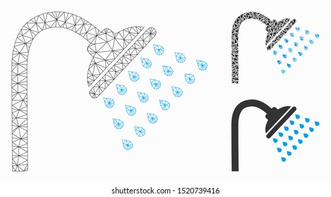 Mesh shower model with triangle mosaic icon. Wire carcass polygonal network of shower. Vector mosaic of triangle parts in various sizes, and color tints. Abstract 2d mesh shower,