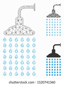 Mesh shower model with triangle mosaic icon. Wire frame polygonal mesh of shower. Vector mosaic of triangle parts in various sizes, and color shades. Abstract 2d mesh shower,