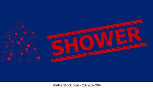 Mesh shower polygonal 2d vector illustration, and red SHOWER corroded badge. Abstraction is based on shower flat icon, with stars and triangular mesh. SHOWER message is between parallel lines.