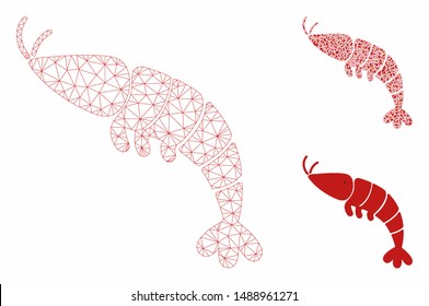 Mesh shrimp model with triangle mosaic icon. Wire carcass polygonal mesh of shrimp. Vector mosaic of triangle parts in different sizes, and color shades. Abstract flat mesh shrimp,