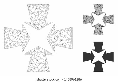 Mesh shrink arrows model with triangle mosaic icon. Wire carcass polygonal mesh of shrink arrows. Vector mosaic of triangle elements in variable sizes, and color tints. Abstract 2d mesh shrink arrows,