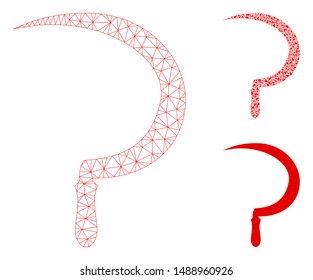 Mesh sickle model with triangle mosaic icon. Wire carcass polygonal network of sickle. Vector mosaic of triangle elements in variable sizes, and color shades. Abstract 2d mesh sickle,